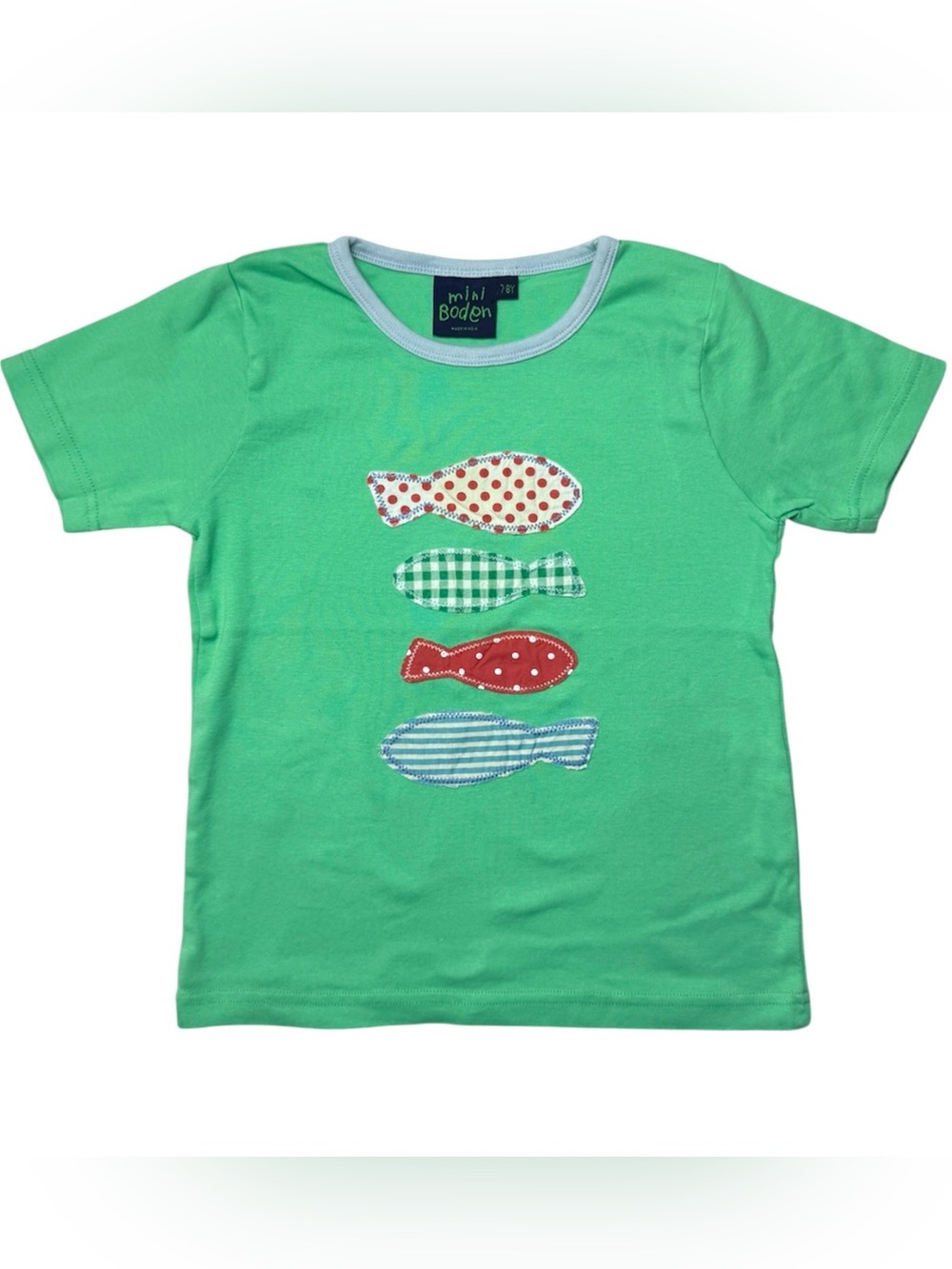 Mini Boden Fish Appliqué Cotton Tee Top Green 7-8
